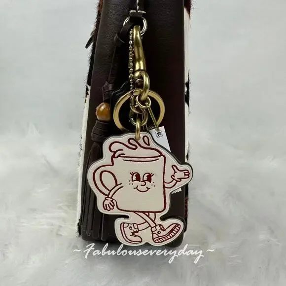 COACH Coffee Cup Bag Charm Lil Miss Jo In Leather/Brass/Chalk Multi New - Picture 1 of 5